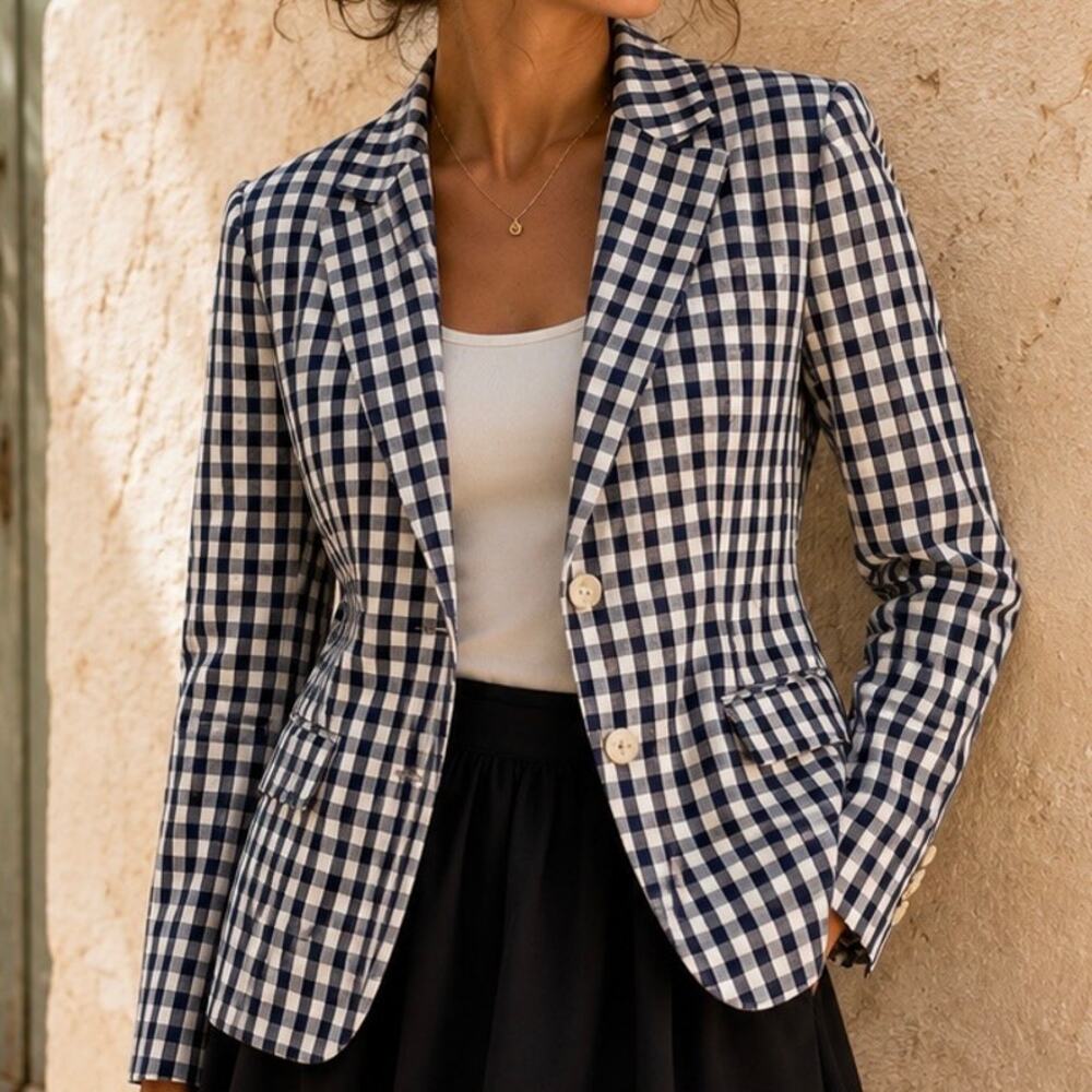 BANANA REPUBLIC | Navy Black White Gingham Check plaid Two Button Blazer | 10